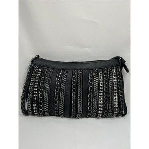 Cache Black￼ Purse Clutch D For Shoulder Strap Zipper rhinestone chain embellish